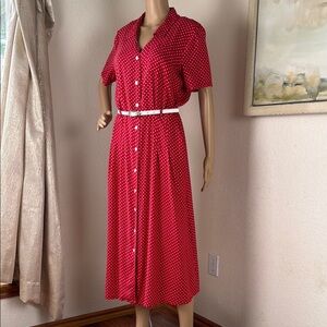 Erika Red polka dot button-down dress Notched Collar Midi Dress